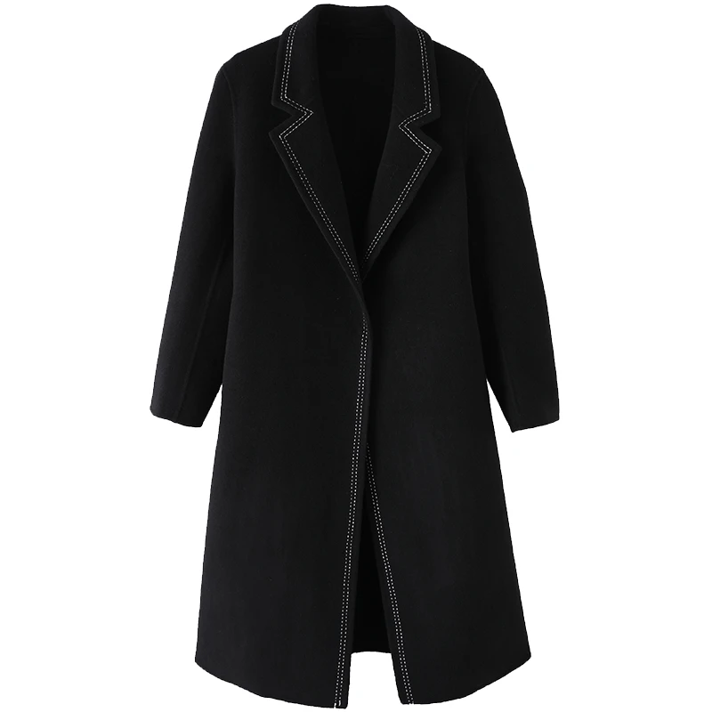秋冬新款黑色时尚双面呢狗牙打边设计感风衣式外套大衣中长款女