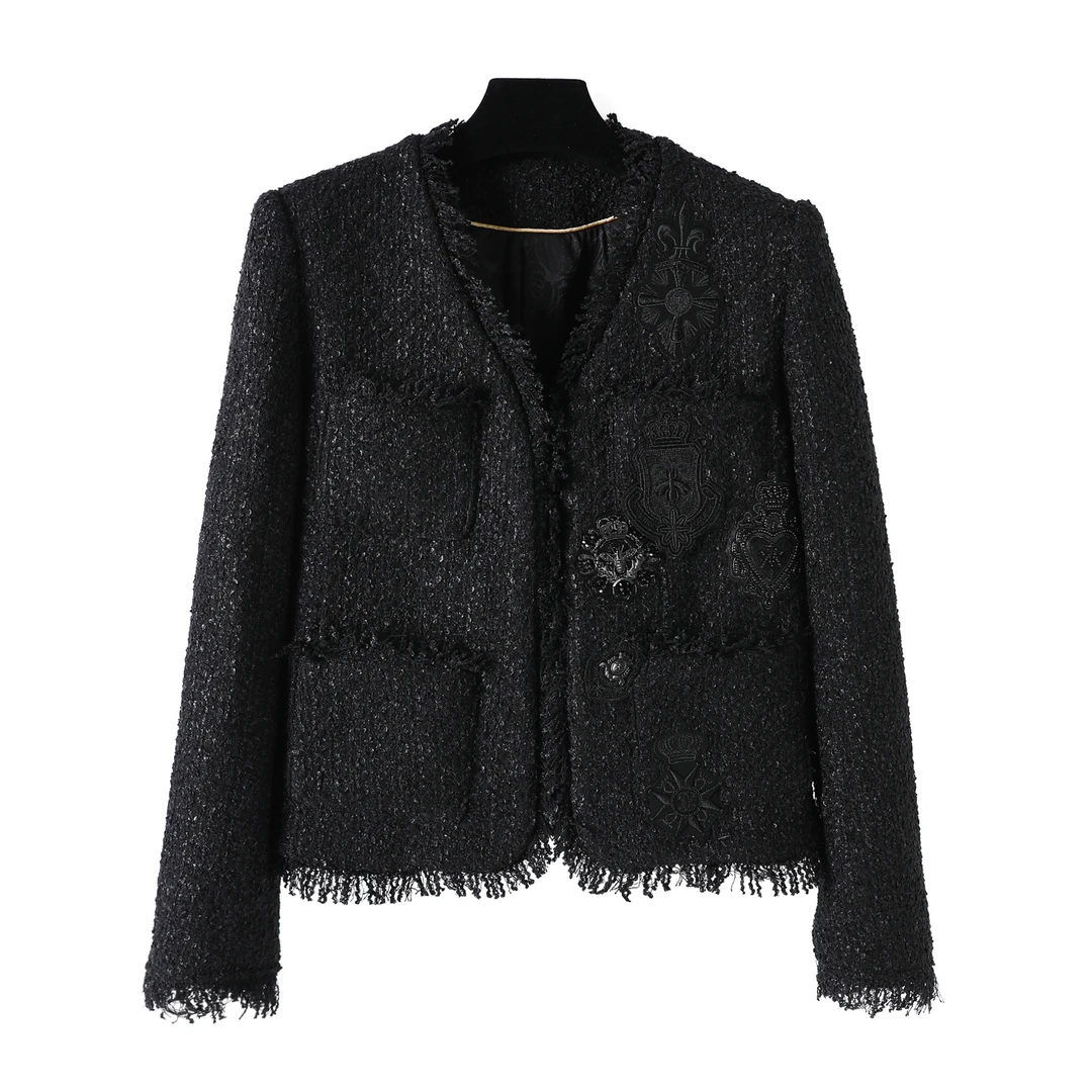 徽章轻奢粗花呢名媛高端气质设计感编织小香风百搭时尚外套28189