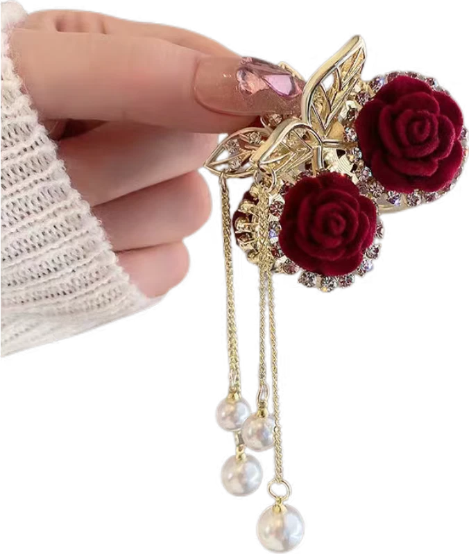 满天星红玫瑰花樱桃流苏抓夹过年头饰头发夹子