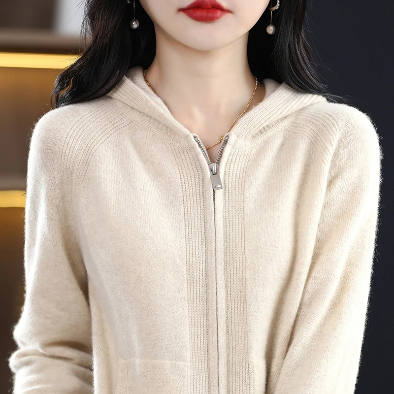 加厚拉链连帽衫~秋冬新款100纯羊毛衫 女士外套打底保暖亲肤