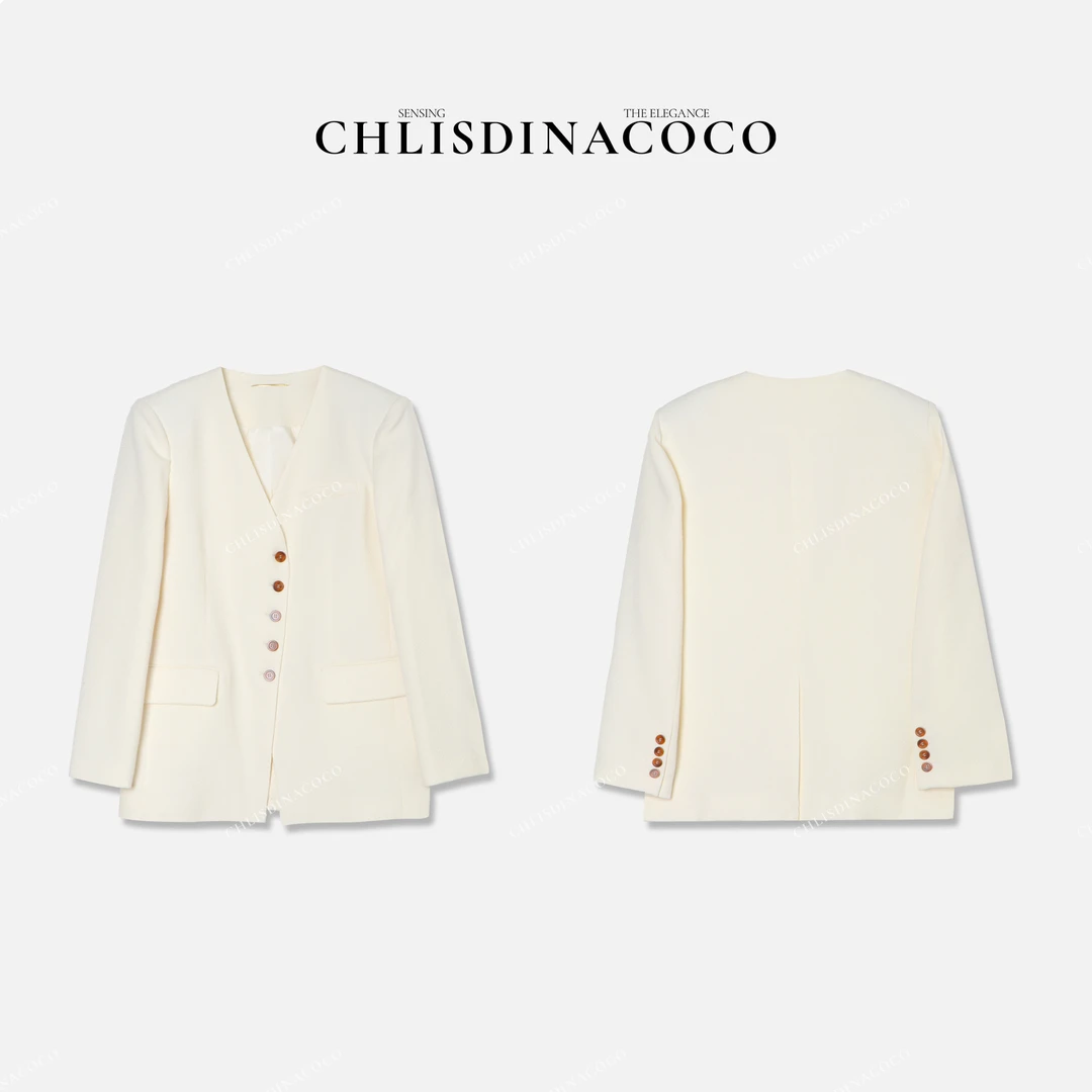 Chlisdinacoco【柔嘉潍赜】V领单排扣口袋西装外套 C01295WT243