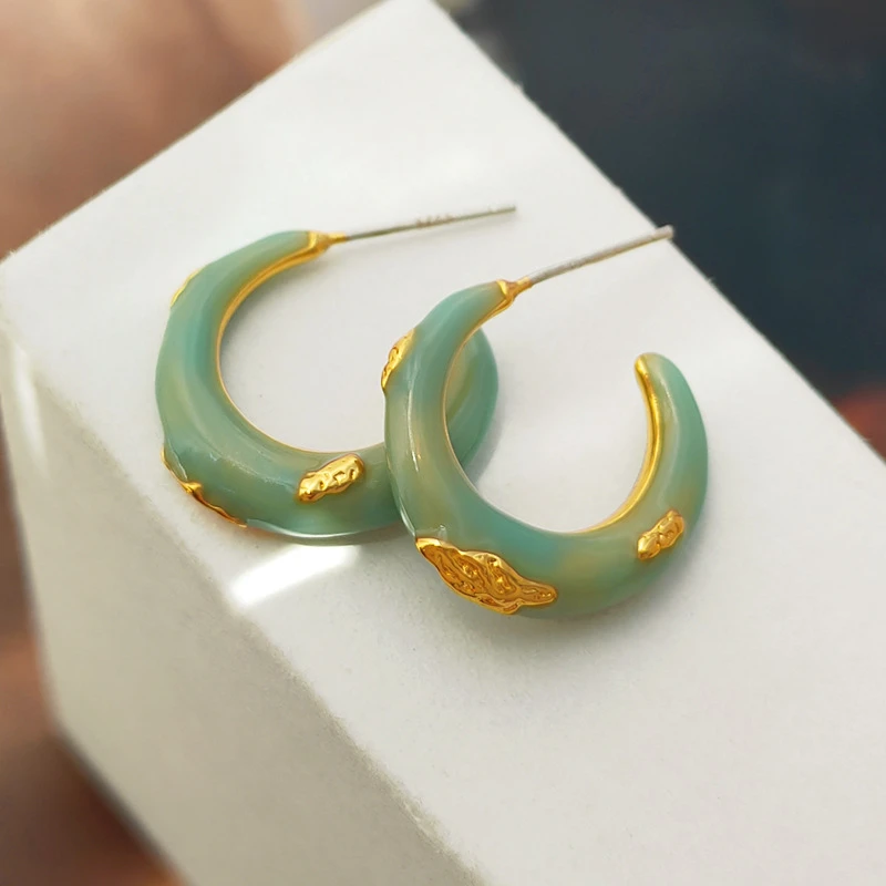 铜合金耳饰 复古小众C字耳环时尚薄荷绿耳圈个性耳饰2635