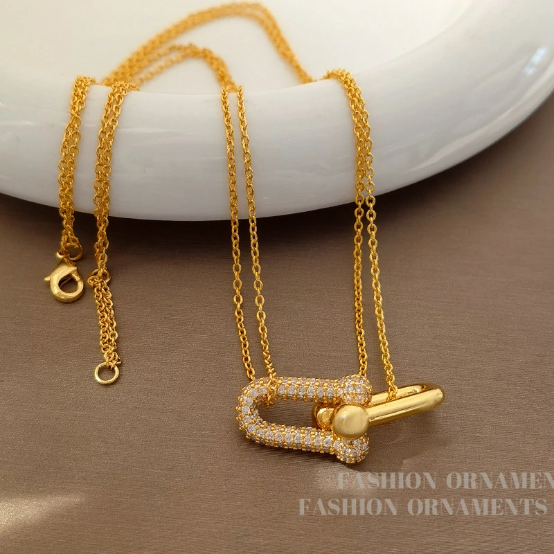 铜合金项链 轻奢马蹄扣双层项链小众时尚新潮锁骨链2459（42cm）