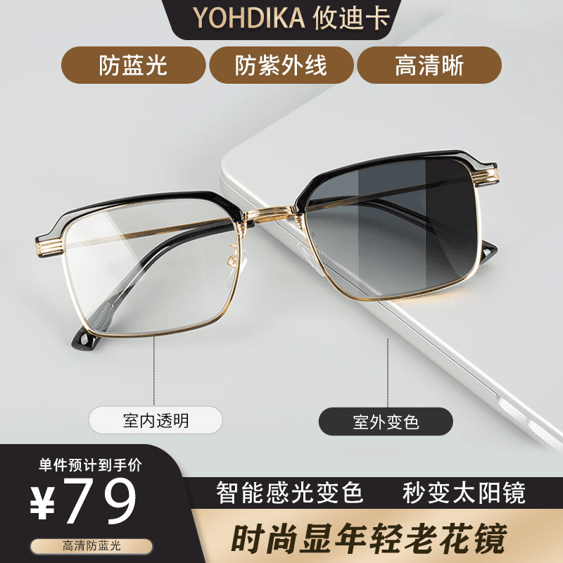【智能感光变色】高端时尚防蓝光高颜值金属黑框设计 遮阳