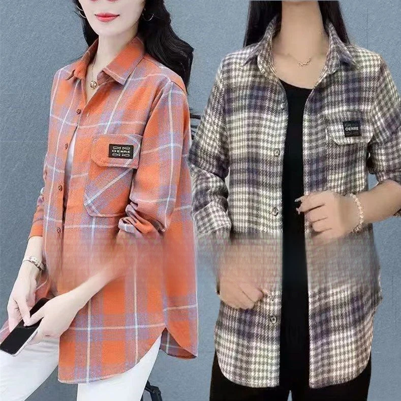 衬衣女2023新款夏季女士衬衫洋气上衣女长袖格子外套中长款妈妈装
