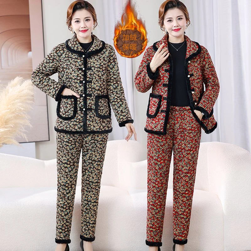 啄木鸟高档加绒加厚珍珠扣两件套装中老年妈妈网红棉衣服宽松显瘦