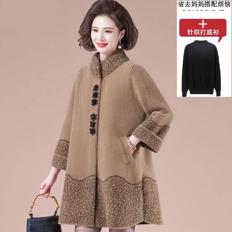 啄木鸟胖妈妈秋冬装仿水貂绒外套加肥加大码洋气中老年女加厚双面