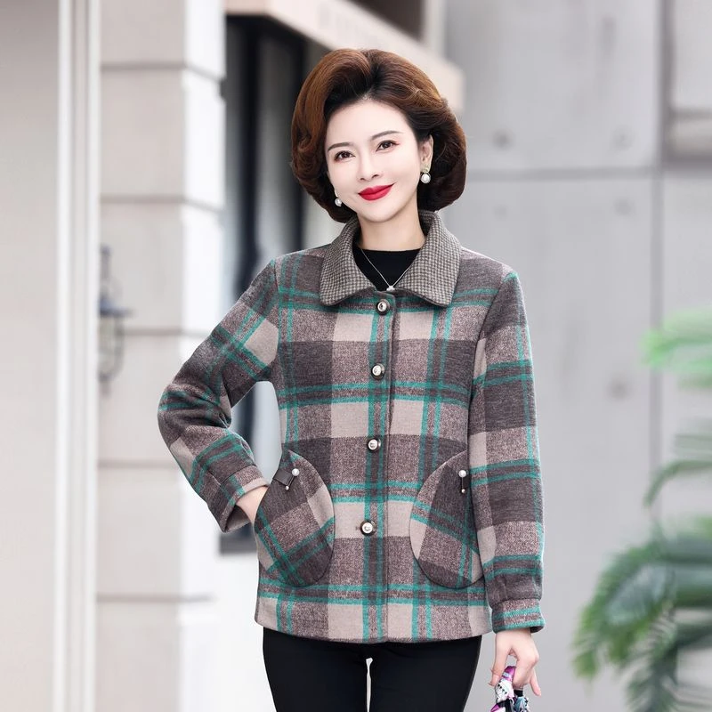 啄木鸟新款妈妈秋冬装毛呢外套2023洋气双面呢中老年女春秋短款格