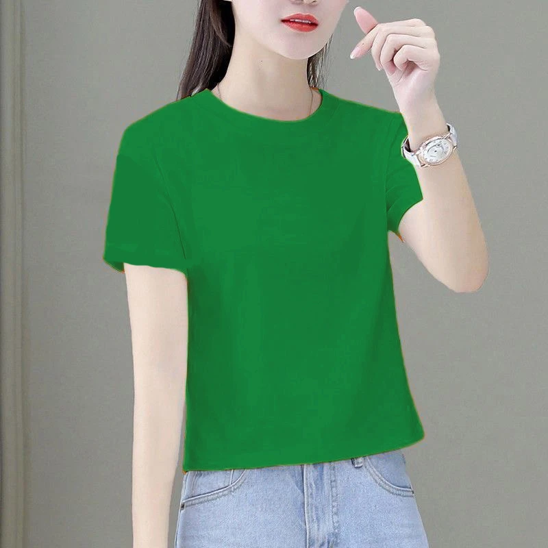 纯色短款短袖女夏季2024新款纯棉宽松圆领百搭小个子上衣高腰体恤