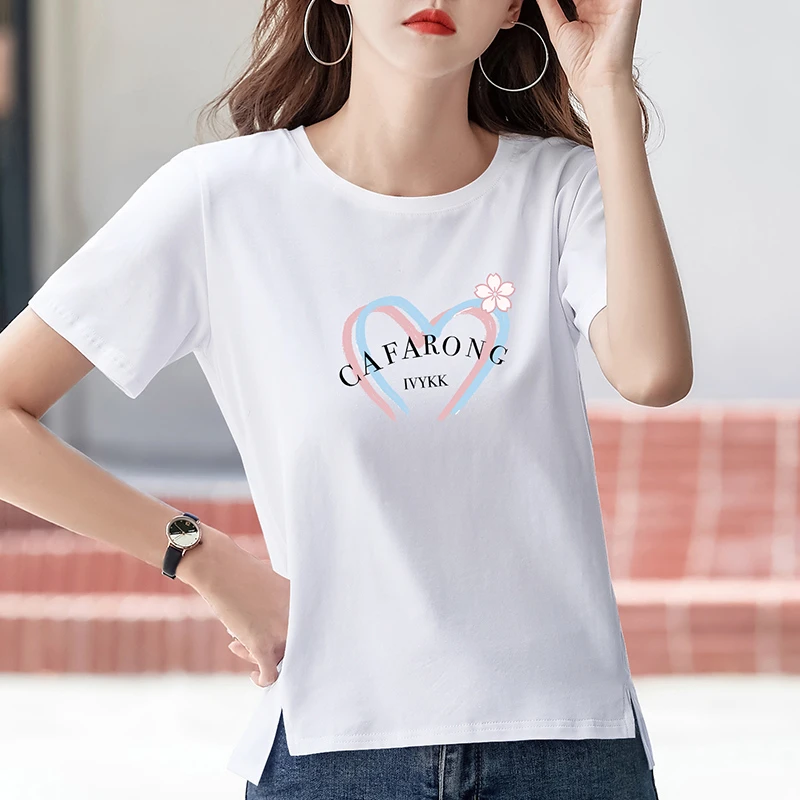 宽松白色短袖t恤女夏季新款2024年时尚爱心开叉洋气百搭纯棉上衣
