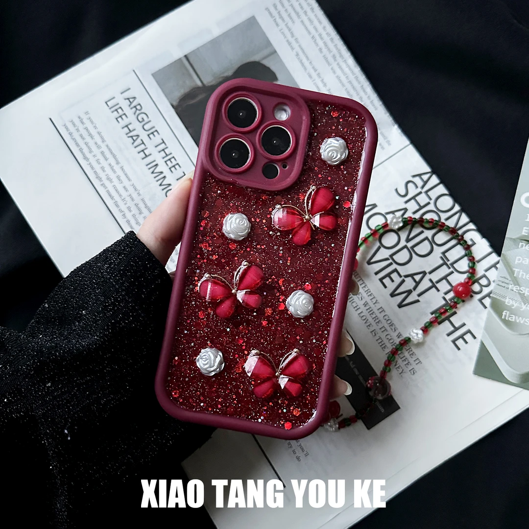 安可拉红立体水钻蝴蝶手机壳适用苹果iPhone华为荣耀OPPOvivo小米
