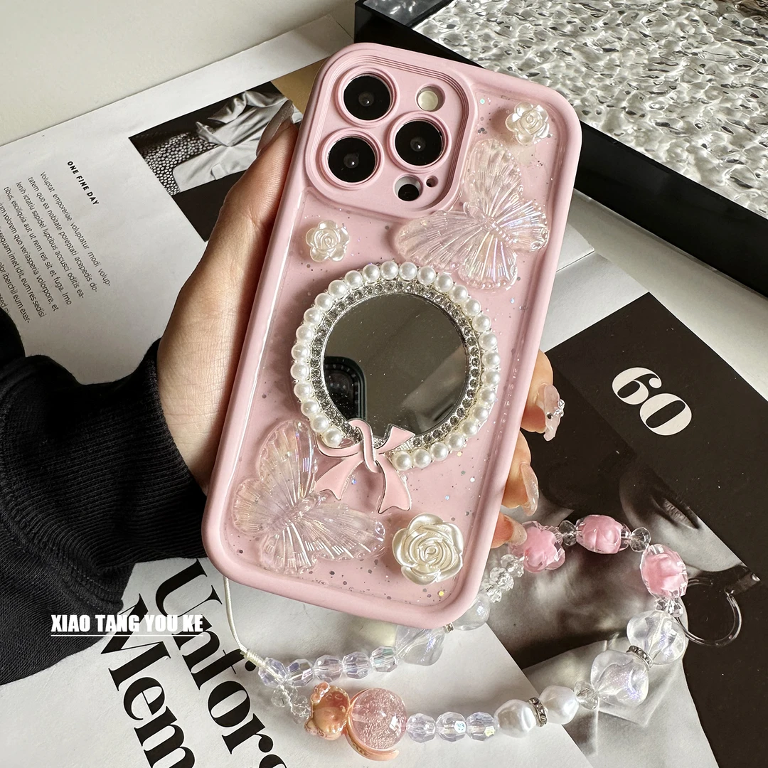 ins小众珍珠蝴蝶结补妆镜手机壳苹果华为OPPOvivo小米iPhone15pro