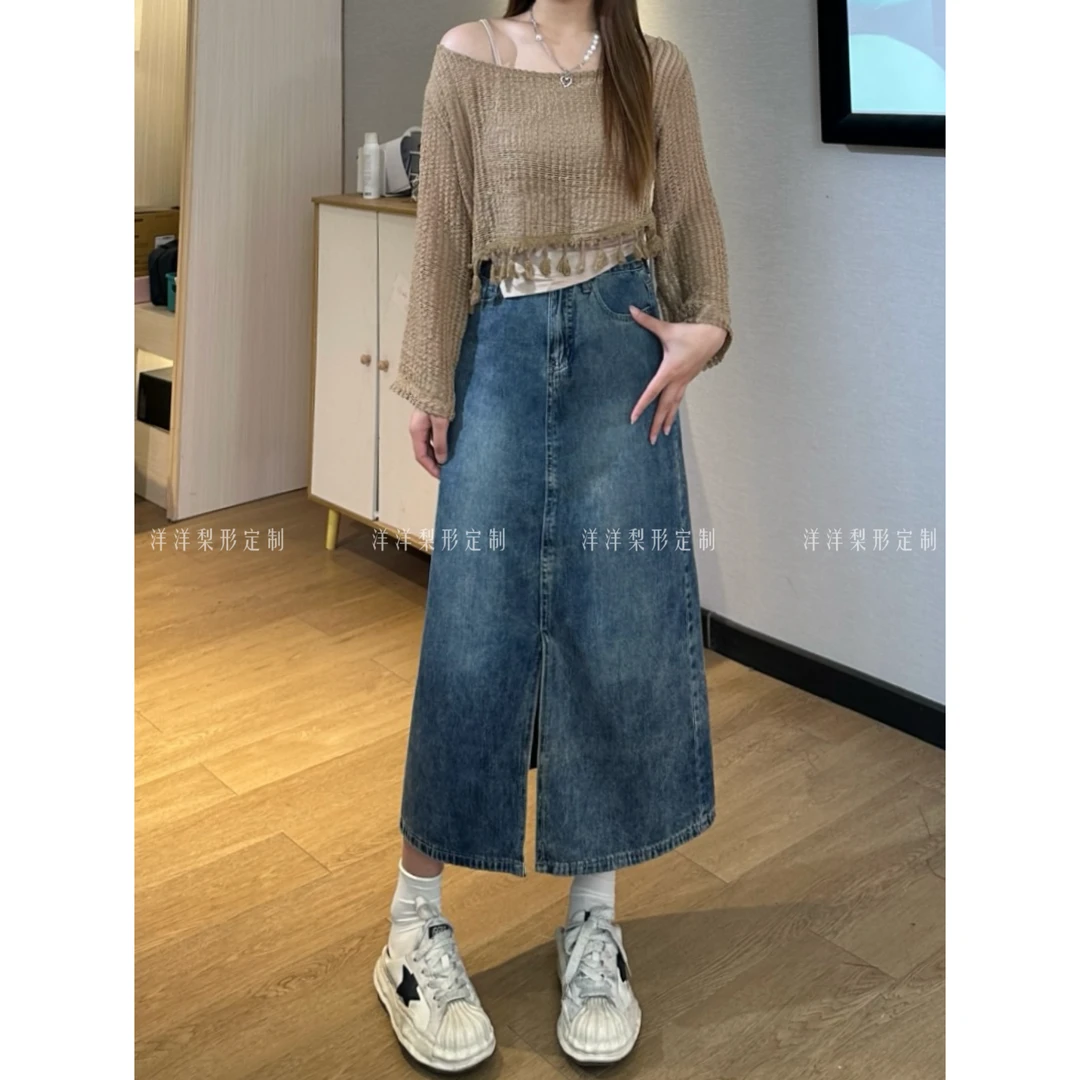 《洋洋定制》大码微胖高腰开叉牛仔半身裙夏季中长款A字包臀裙裙子