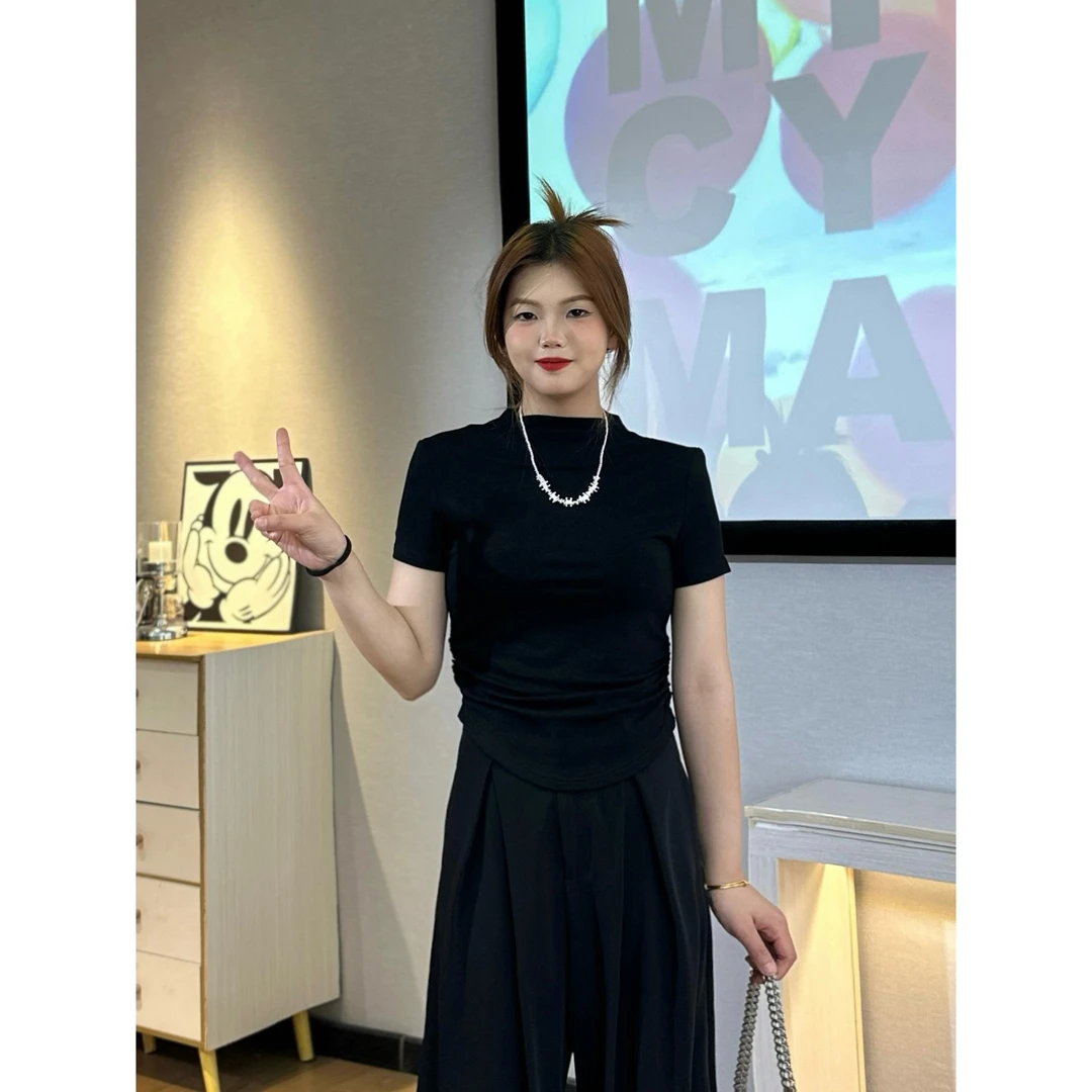 《洋洋定制》黑色半高领短袖高级感T恤大码显瘦复古法式修身上衣女