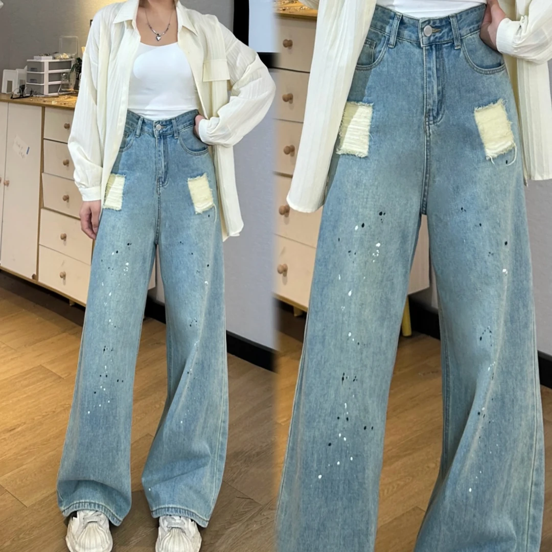 《洋洋定制》时髦泼墨漆破洞阔腿裤女夏韩版宽松高腰显瘦直筒牛仔裤