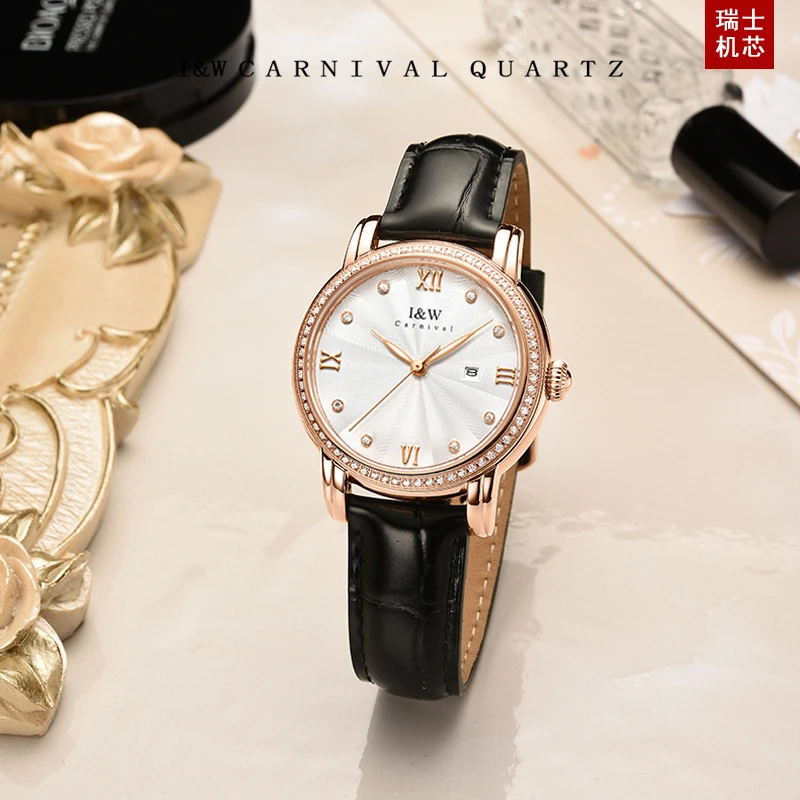 瑞士iw爱沃驰正品女士手表日历简约镶钻轻奢高档皮带防水腕表新款