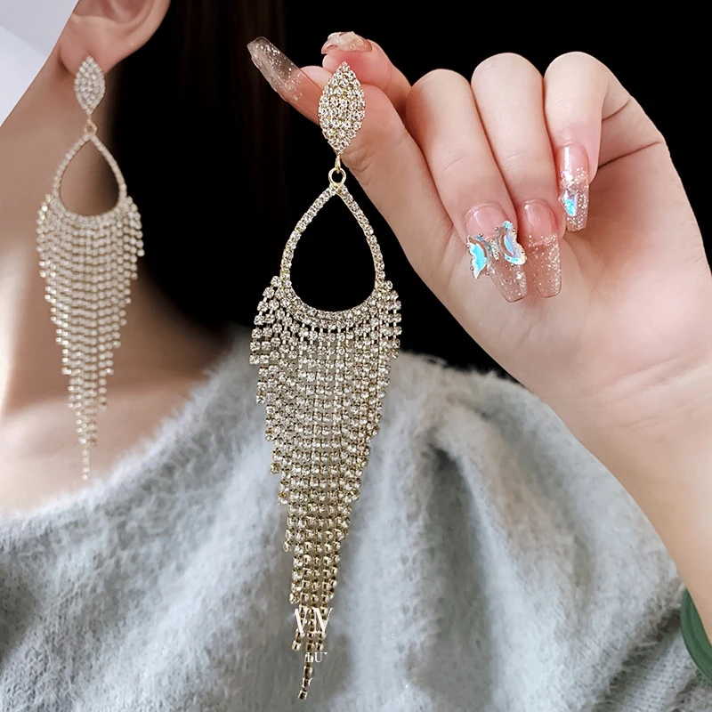 铜合金耳饰 满钻流苏耳环女欧美新款时尚水滴耳钉复古百搭耳饰