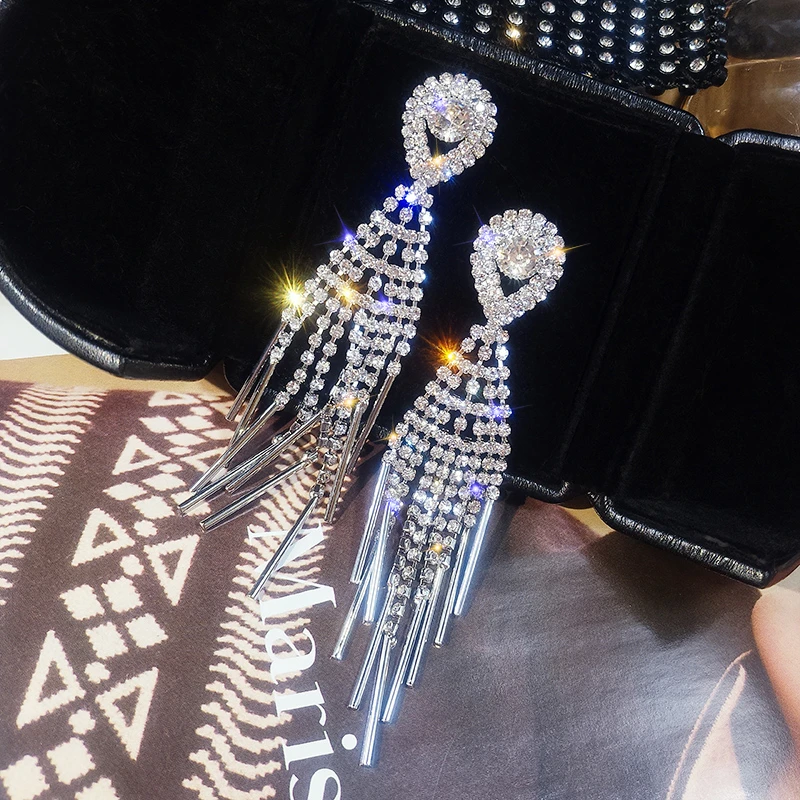 铜合金合成锆石耳饰 小众轻奢满钻流苏耳环女气质长款耳饰耳钉