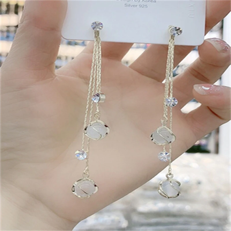 铜合金合成锆石耳饰 s925银针耳环女时尚长款流苏耳线气质耳饰