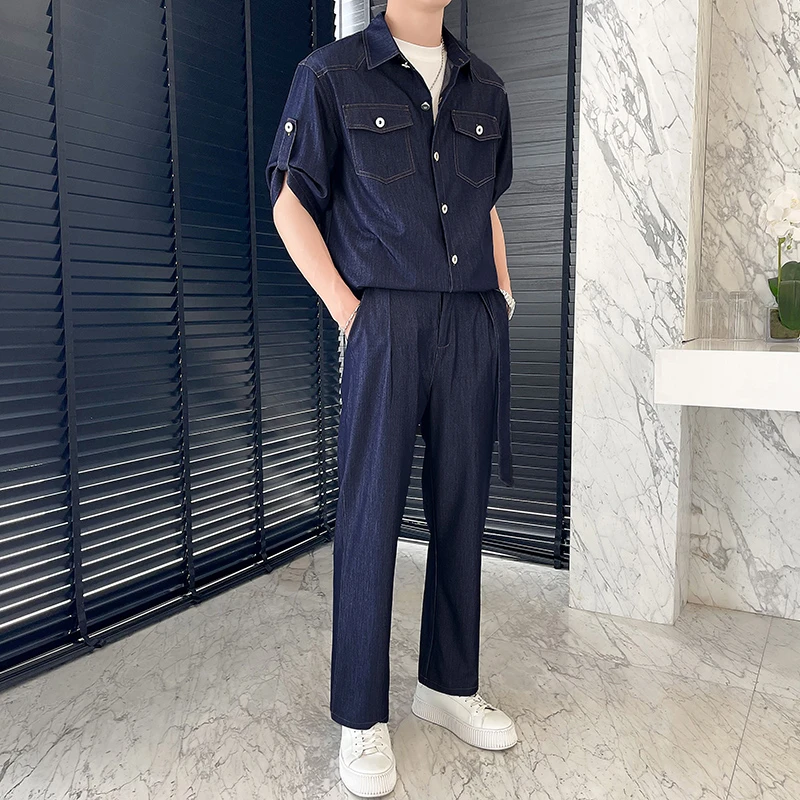 阿航服饰 2024夏季薄款软牛仔衬衫直筒裤套装宽松休闲痞帅两件套