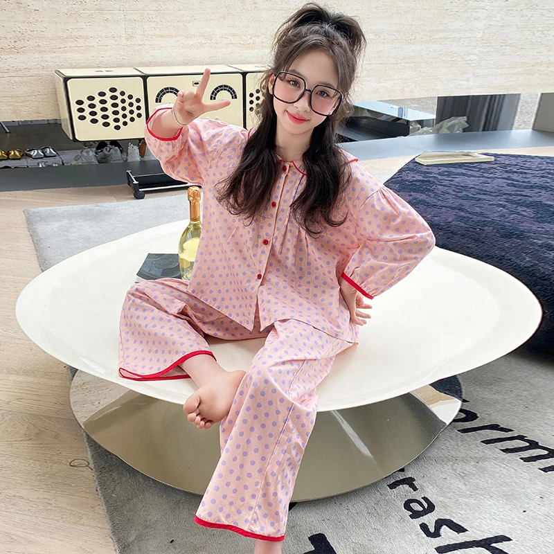 儿童款睡衣开衫女童中袖纯棉休闲家居服春秋季中大童女孩240008