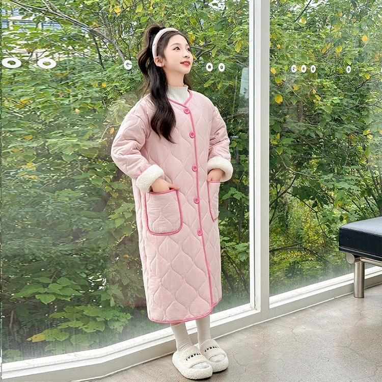 A类亲子妈妈装家居服睡袍中大女童长款三层加棉保暖加厚睡衣韩版