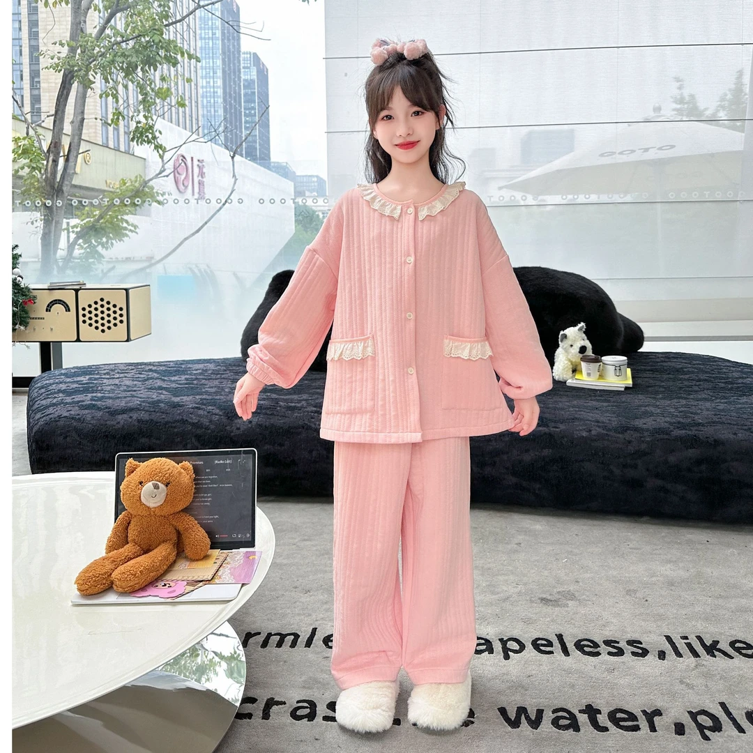 A类亲子装家居服女童睡衣空气棉套装冬加厚软绵绵公主甜美妈妈装