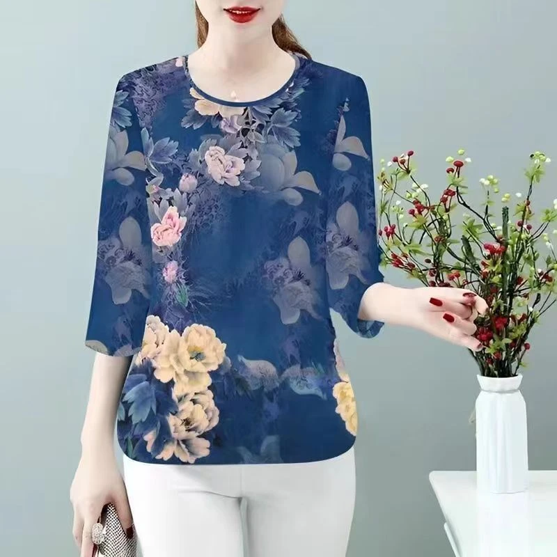 夏季七分袖宽松显瘦妈妈装时尚印花洋气T恤休闲百搭女士打底衫