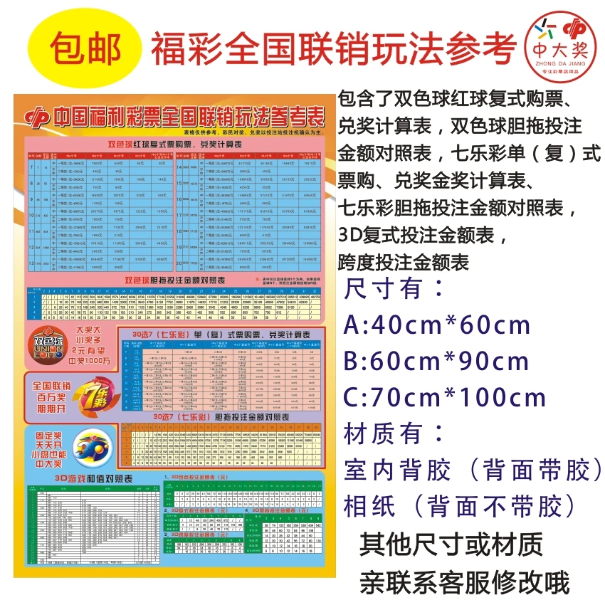 福彩全国联销玩法参考表双色球七乐彩3D宣传资料 彩票店用品包邮