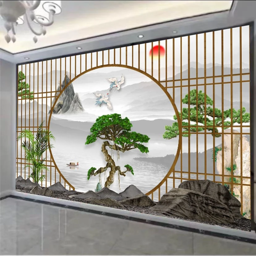 【宴会厅】新中式 迎客松山水画客厅竹木纤维板墙画图案装修大型