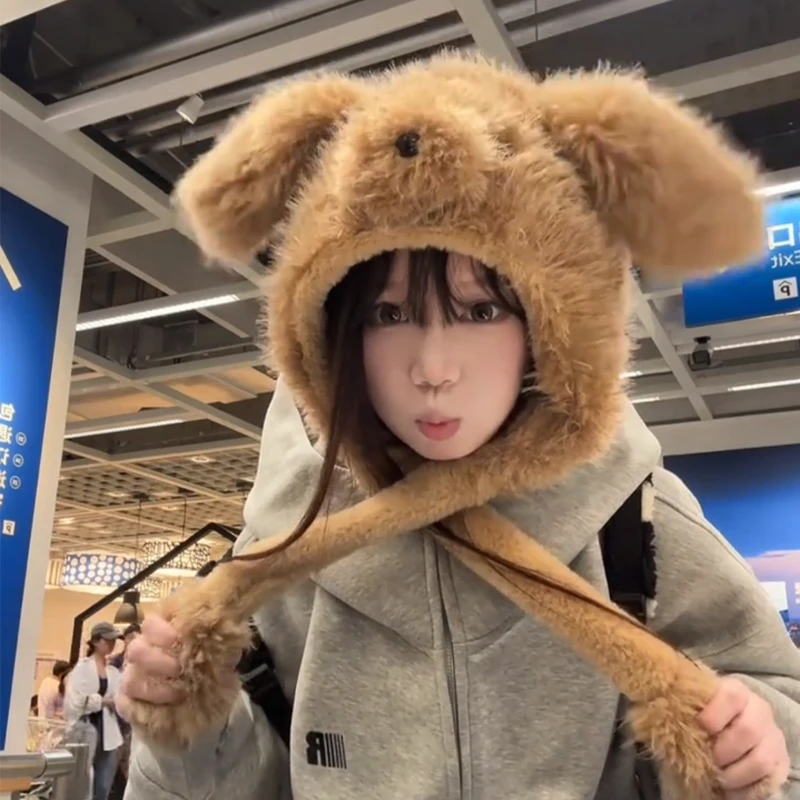 MAOMI~会动毛茸茸小狗狗耳朵帽子女冬季加厚保暖雷锋帽护耳围巾款