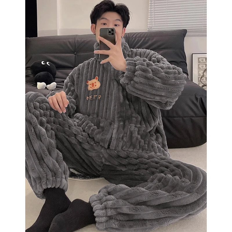 2023秋冬新款睡衣男款珊瑚绒加绒加厚男士套装法兰绒保暖两件套