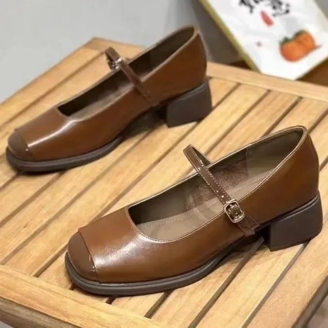 2024新款复古粗跟方头真皮百搭法式玛丽珍鞋春季浅口中跟跟鞋