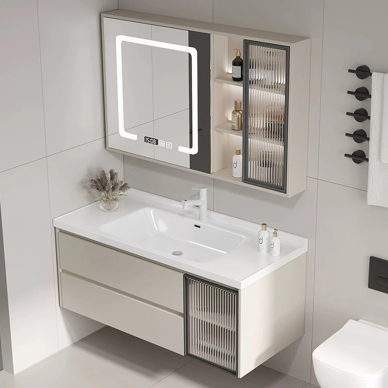 【断货王-陶瓷一体盆】奶油风卫生间浴室柜轻奢简约洗漱台卫浴柜