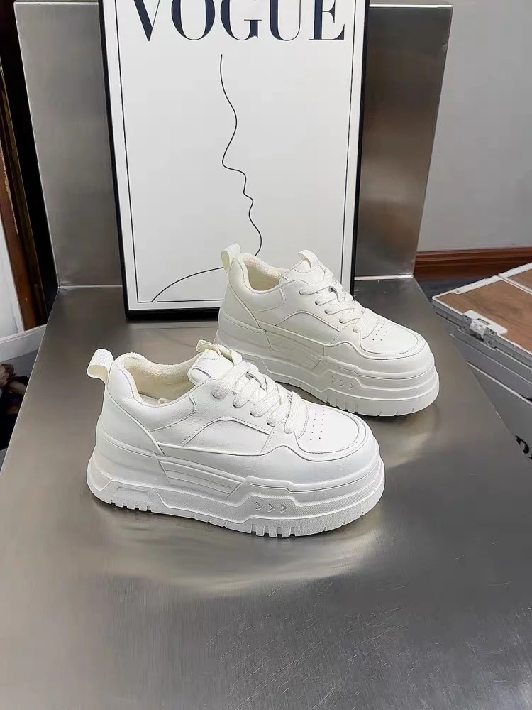 冬季暖脚宝~珠光白色加绒松糕厚底鞋女真皮小白鞋小个子增高板鞋