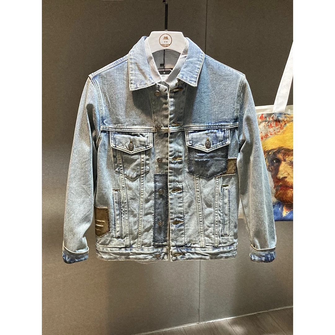 纯棉浅蓝色补丁牛仔外套男春季欧美街头网红学院风上衣男抖音潮牌