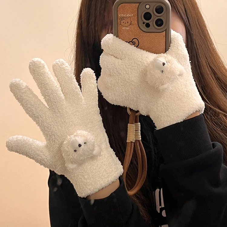 白色小熊毛绒五指手套冬季女加绒加厚保暖防寒学生户外骑行电动车