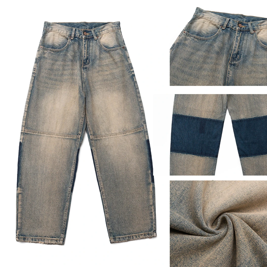 美式复古做旧黄泥染休闲牛仔裤 个性拼色阔型百搭高街直筒牛仔裤