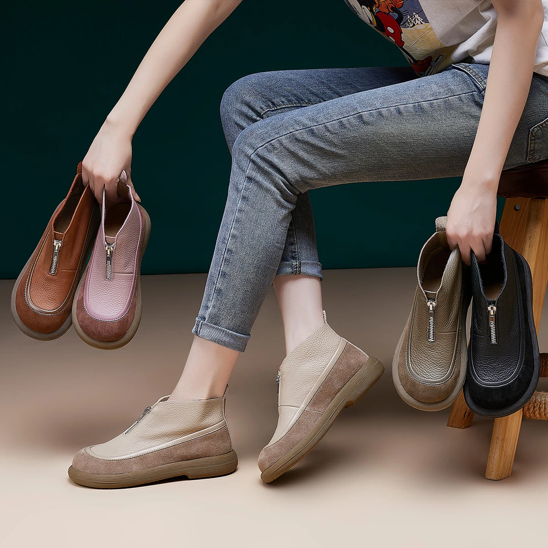 头层牛皮女靴2023秋冬加绒软底轻便拉链百搭复古真皮休闲时尚女靴