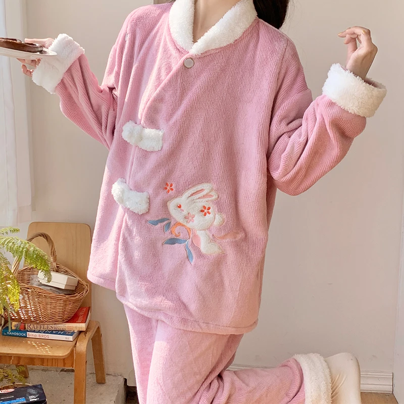 新款冬季孕妇睡衣法兰绒月子服哺乳套装喂奶产后中式家居服加厚年