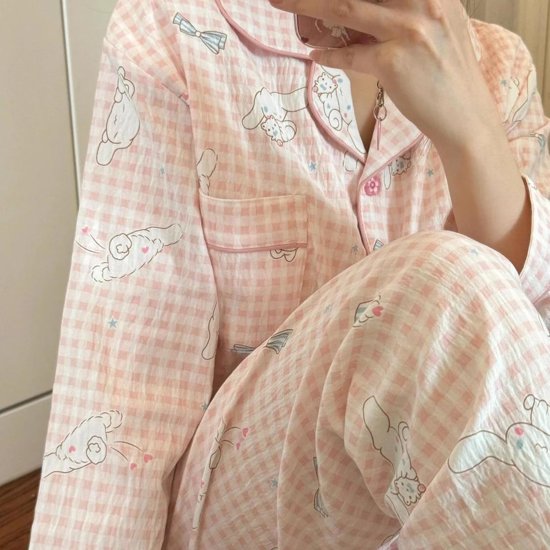 卡通可爱粉色格子玉桂狗睡衣女春秋季新款少女宽松长袖家居服套装