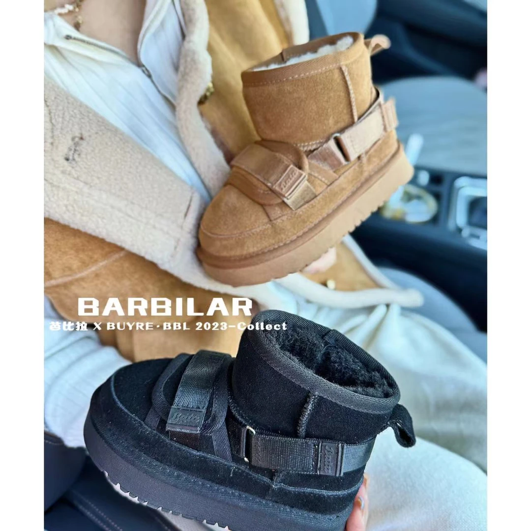 BARBILAR儿童韩系童鞋升级加厚底机车小包子防滑防水大皮雪地靴ol