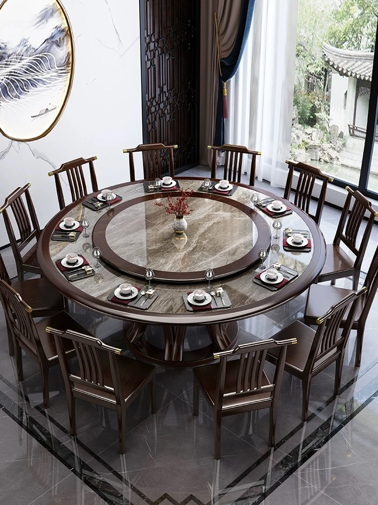 新中式全实木餐桌椅组合轻奢岩板家用餐桌酒店家庭装大圆桌吃饭桌