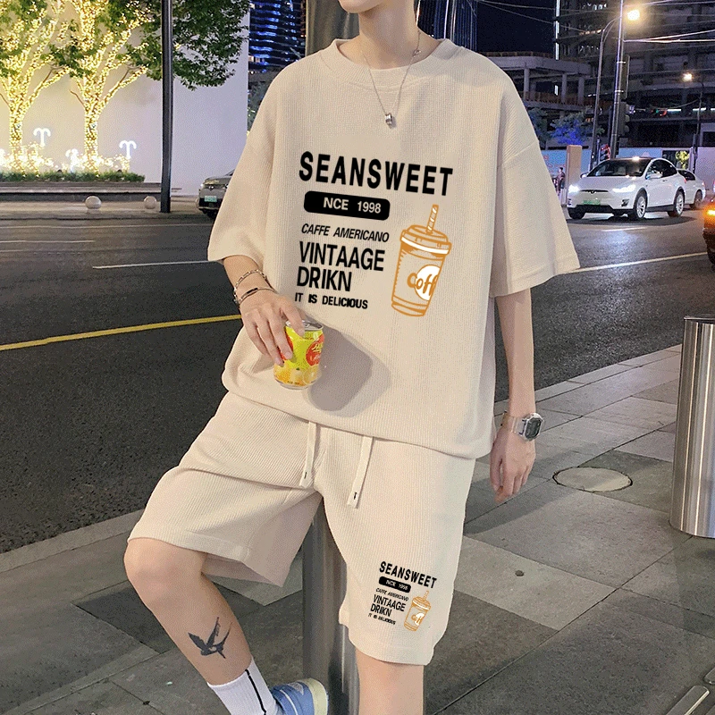夏季大码休闲套装男士运动时尚短袖冰丝速干短裤青少年百搭两件套