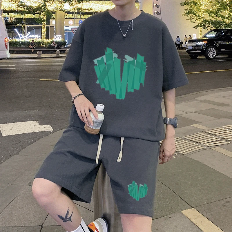 青少年运动速干套装男士潮男大码夏季短袖冰丝阔脚短裤宽松两件套