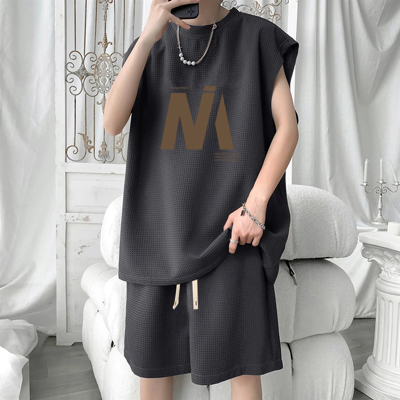 新款华夫格夏季休闲宽松套装男背心t恤短裤运动服时尚潮流五分裤