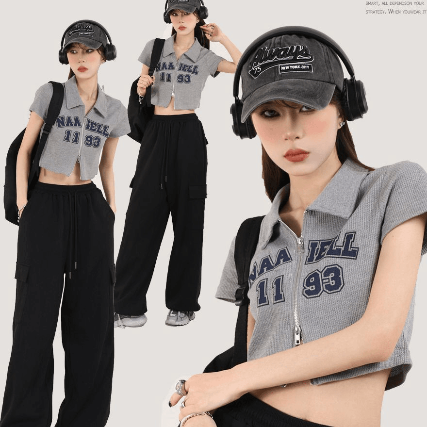 美式复古灰色polo领短袖t恤女夏夏季正肩设计感小众短款辣妹上衣