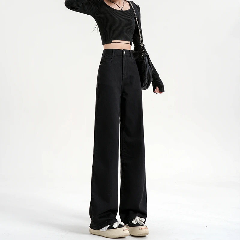 2025年春季新款黑色窄版高腰阔腿牛仔裤女直筒宽松小个子拖地裤子
