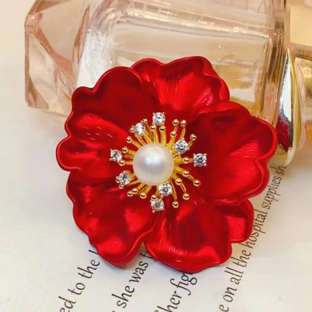 铜合金胸针 定制轻奢红牡丹花高档胸针女胸花饰品优雅大方
