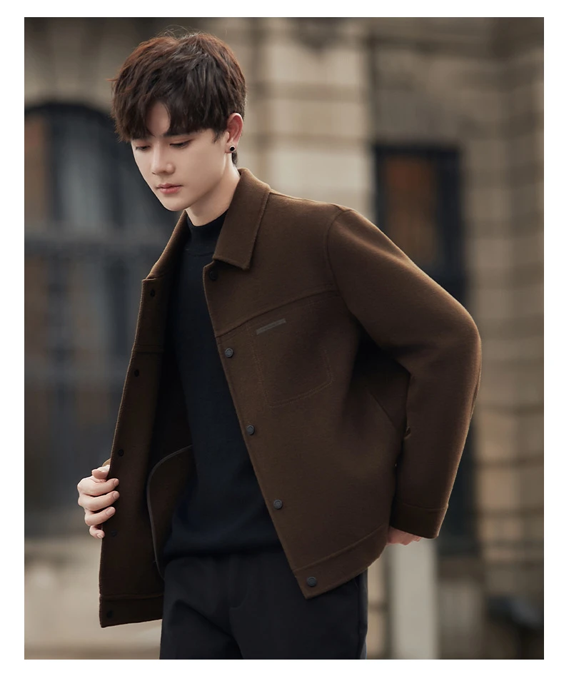 秋冬季2024双面毛呢外套男士翻领大衣短款休闲呢子毛呢外套男款